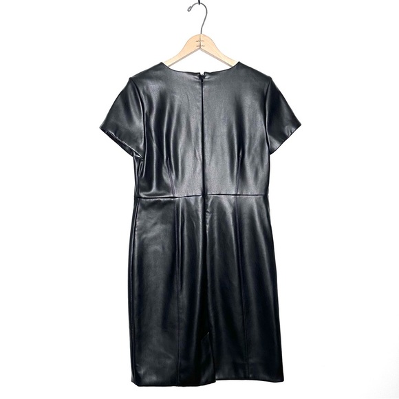 Ann Taylor | Black Short Sleeve Faux Leather Sheath Dress Size 12 Petite - Picture 3 of 5
